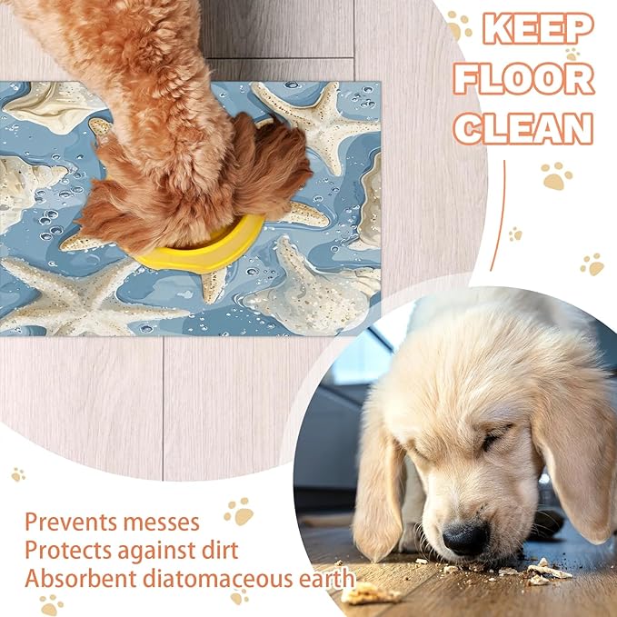 Starfish Dog Food Mat for Floors Absorbent Dog Bowl Mat for Food and Water Dispenser Quick Dry Cat Food Placemat Pet Supplies 12" x 20", Beach Seashells