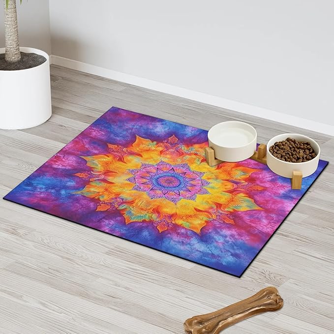 Tie Dye Dog Food Mat for Floors Absorbent, Quick Dry Water Dispenser Mat for Food, Water, Pet Supplies 24" x 32", Hippie Mandala