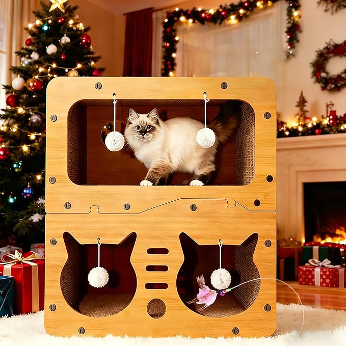 One Large Three-Tier/Two-Tier Deluxe Cat House Featuring a Scratching Board, Suitable for Both Indoor and Outdoor Use. This Ventilated Cat Shelter Comes with Included Cat Toys, is Easy to Assemble