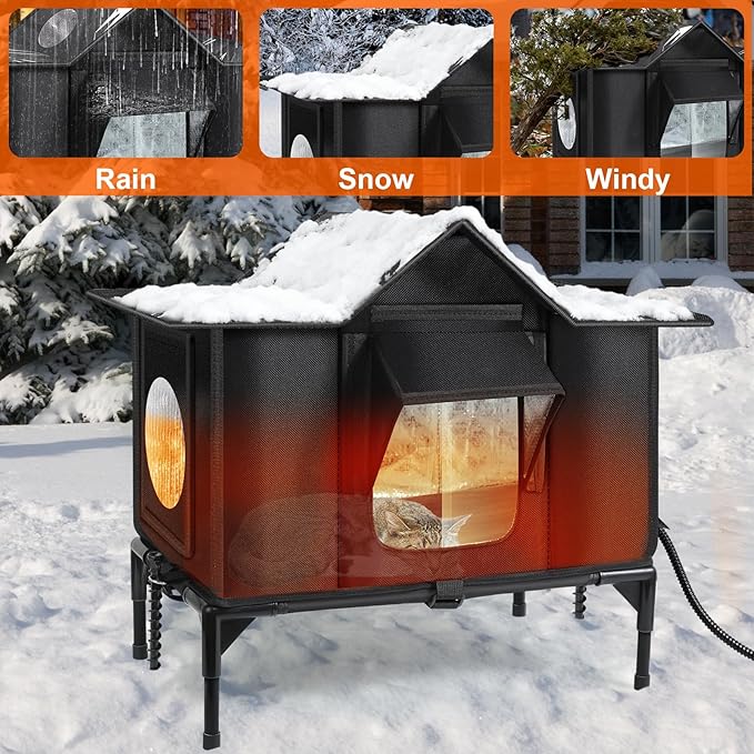 Heated Outdoor Cat House Weatherproof with Heating Pad, Insulated Feral Cat Houses for Outdoor Cats, Safe Escape Door, Heated Cats House for Outside, Outside Stray Cats Shelter with Elevated Base(L)