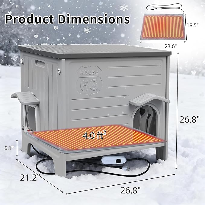 Rockever Heated Cat House for Outside in Winter, 100% Waterproof & Insulated Heated Cat House for Outdoor Cats with Heating Pad, Elevated Outdoor Cat House Safe Escape Door(L,Grey&Heating Pad)