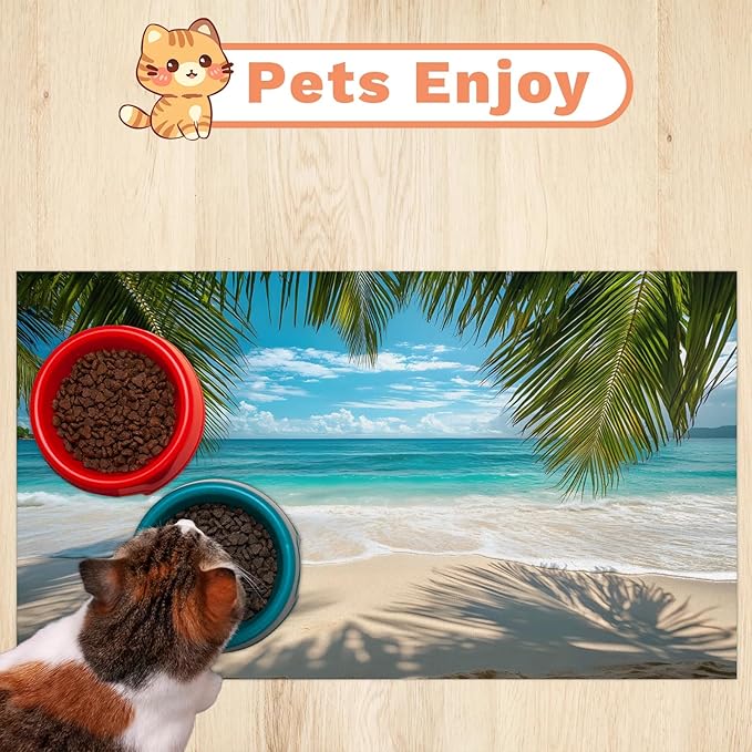 Tropical Beach Dog Food Mat for Floors Absorbent, Quick Dry Water Dispenser Mat for Food, Water, Pet Supplies 24" x 32", Summer Seaside