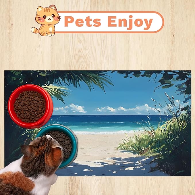 Ocean Beach Dog Food Mat for Floors Absorbent, Quick Dry Water Dispenser Mat for Food, Water, Pet Supplies 16" x 24", Tropical Seaside