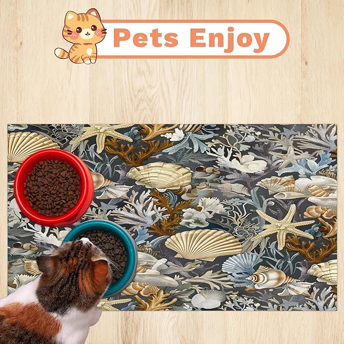 Nautical Coastal Dog Food Mat for Floors Absorbent Dog Bowl Mat for Food and Water Dispenser Quick Dry Cat Food Placemat Pet Supplies 24" x 32", Vintage Seashell