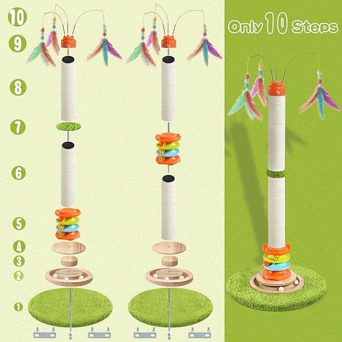 Cat Scratching Post，40'' Tall Cat Scratcher Tree Cat Toys for Indoor Cats with Cat Toys 4-Tier Roller Track，Automatically Rotating cat Teaser Wand，Hanging Balls for Kittens Adults Cats