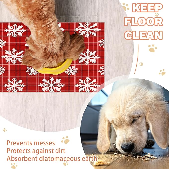 Red White Xmas Snowflake Dog Food Mat for Floors Absorbent, Quick Dry Water Dispenser Mat for Food, Water, Pet Supplies 12" x 20",