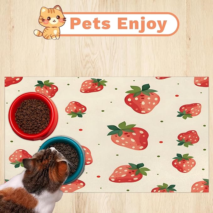 Strawberry Fruit Dog Food Mat for Floors Absorbent Dog Bowl Mat for Food and Water Dispenser Quick Dry Cat Food Placemat Pet Supplies 24" x 32", Polka Dots
