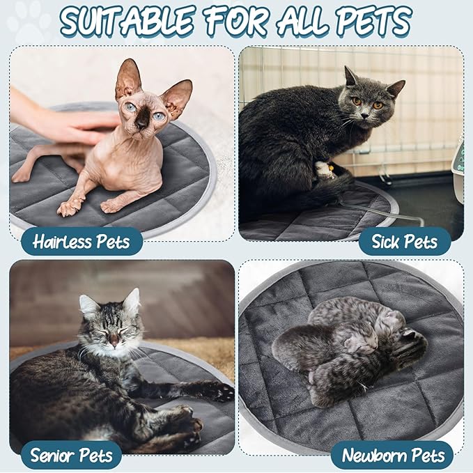 2 Pcs Self Warming Cat Mat Round Self Heating Pad Bed Reversible Machine Washable Heated Bed Anti Slip Warming Pad Pet Mat for Cat Crate Indoor Outdoor(Gray,14 Inch)