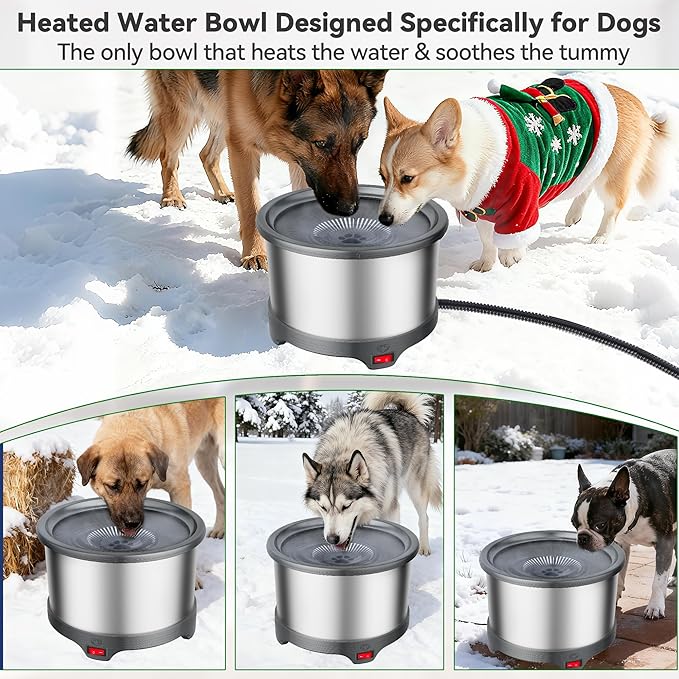 6.5L Heated Water Bowl, Stainless Steel Outdoor Heated Dog Bowl with Anti-Chew Cord, Large Capacity Heated Pet Slow Drinking Dish Provide Warm Water in Winter for Dogs