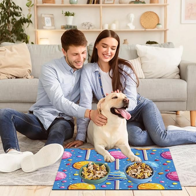 Candy Dog Food Mat for Floors Absorbent Dog Bowl Mat for Food and Water Dispenser Quick Dry Cat Food Placemat Pet Supplies 17" x 30", Sweet Theme