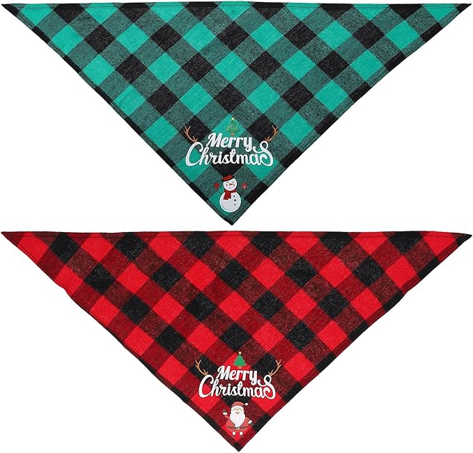2pcs Plaid Dog Christmas Scarves Triangle Bibs Cotton Pet Bandanas Festive Xmas Supplies for Small and Medium Dogs
