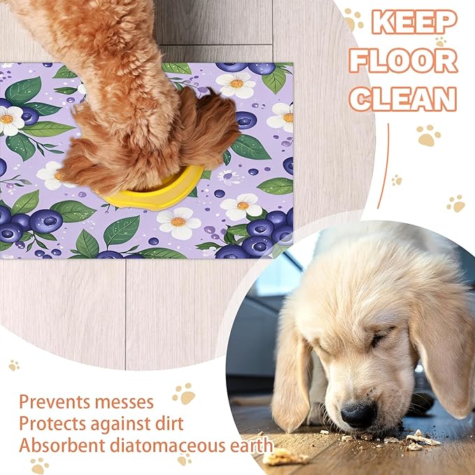 Watercolor Blueberry Dog Food Mat for Floors Absorbent Dog Bowl Mat for Food and Water Dispenser Quick Dry Cat Food Placemat Pet Supplies 12" x 20", Summer Floral
