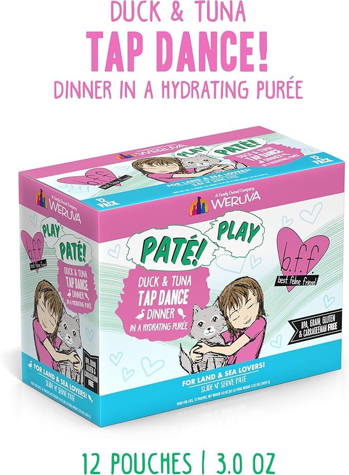 Weruva B.F.F. Play - Best Feline Friend Paté Lovers, Aw Yeah!, Duck & Tuna Tap Dance with Duck & Tuna, 3oz Pouch (Pack of 12)