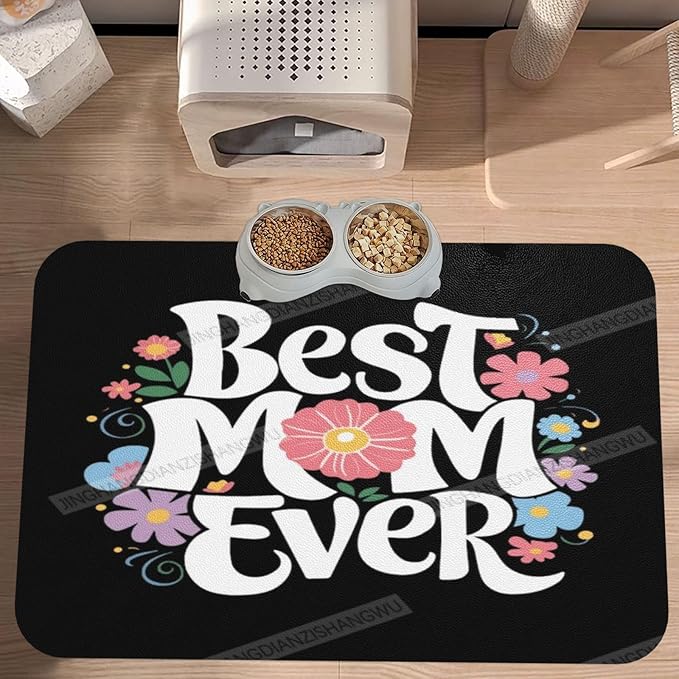 Pet Feeding Mat Happy Mother's Day Floral Gift Mom C Dog Food Mat for Food Water No Stains Quick Dry Dispenser Cat Bowl Mats for Messy Drinkers 18X12In