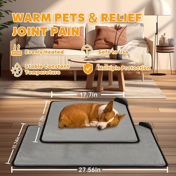 Pet Heating Pad for Cat, Electric Heated Mat with 3 Temperatures & 3 Timers, Automatic Induction Heated Cat Bed, Chew Resistant Cord (Dark Grey, 27.6" x 15.7")