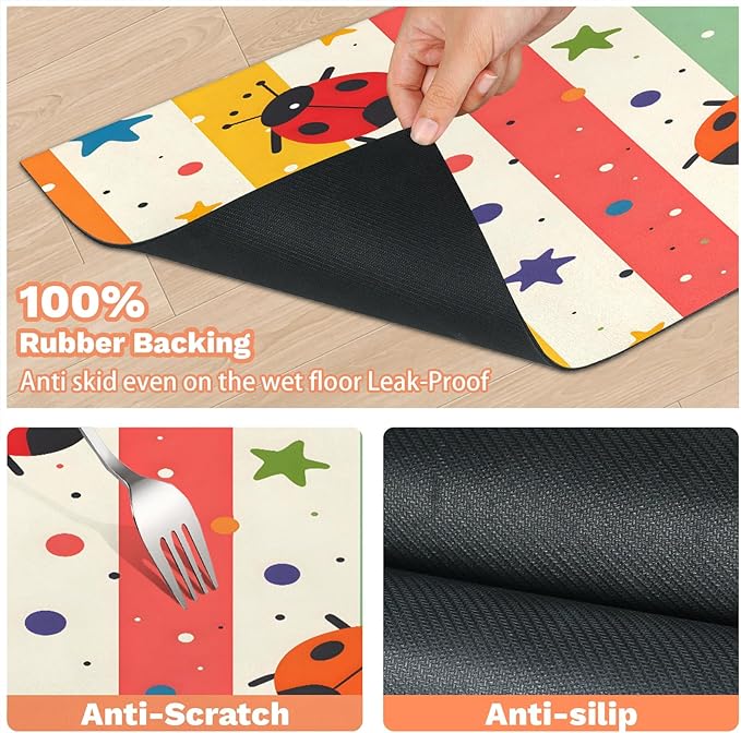 Red Ladybird Dog Food Mat for Floors Absorbent, Quick Dry Water Dispenser Mat for Food, Water, Pet Supplies 12" x 20", Colorful Lines