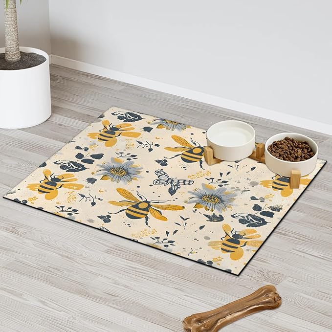 Boho Bee Dog Food Mat for Floors Absorbent, Quick Dry Water Dispenser Mat for Food, Water, Pet Supplies 12" x 20", Vintage Daisy