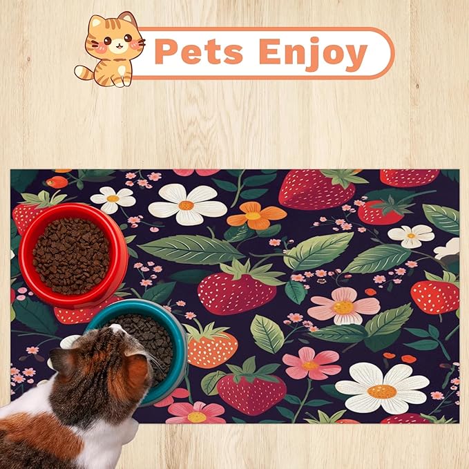 Strawberry Dog Food Mat for Floors Absorbent Dog Bowl Mat for Food and Water Dispenser Quick Dry Cat Food Placemat Pet Supplies 17" x 30", Spring Floral