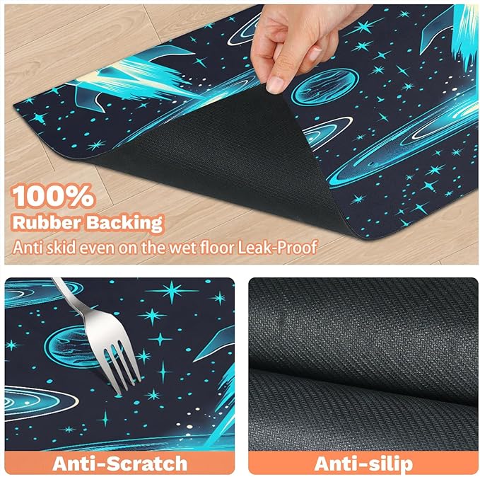 Cartoon Spaceship Dog Food Mat for Floors Absorbent, Quick Dry Water Dispenser Mat for Food, Water, Pet Supplies 17" x 30", Outer Space