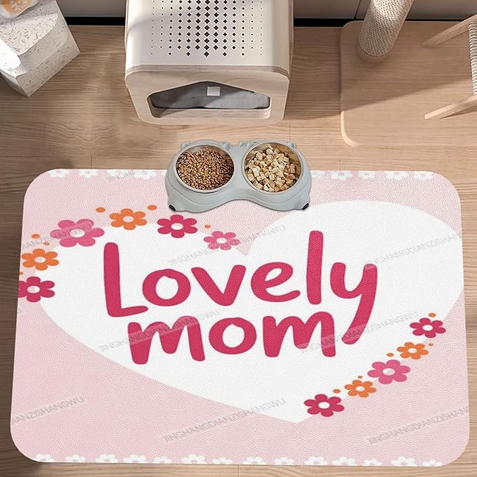 Pet Feeding Mat Happy Mother's Day Floral Gift Mom K Dog Food Mat for Food Water No Stains Quick Dry Dispenser Cat Bowl Mats for Messy Drinkers 24x16In