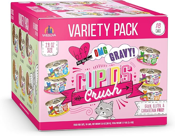 Weruva B.F.F. OMG - Best Feline Friend Oh My Gravy! Cupid's Crush Natural Grain-Free Wet Cat Food Variety Pack, 2.8oz Can (Pack of 18)