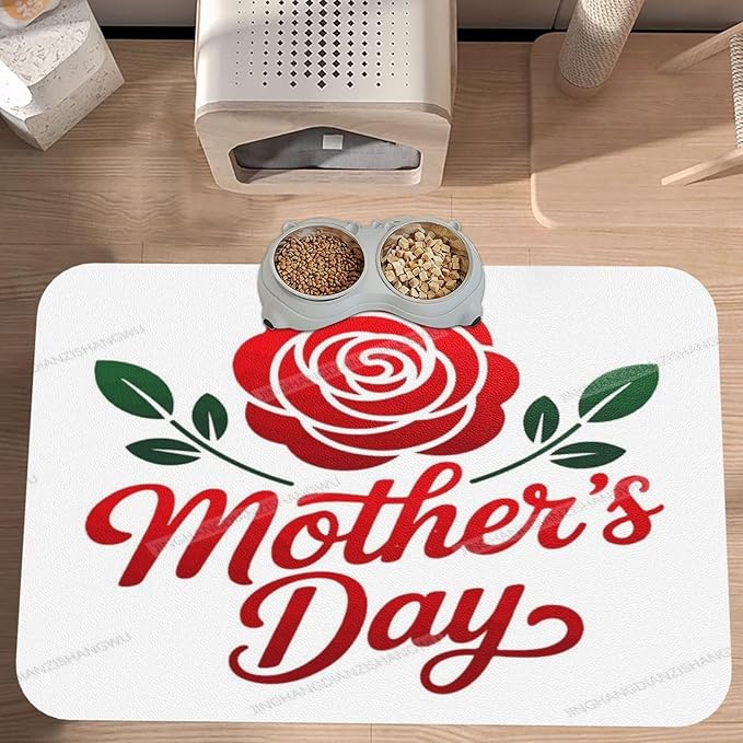 Pet Feeding Mats with Residue Collection Happy Mother's Day Floral Gift for Mom Kd Waterproof Dog Cat Bowl Mat 18X12In with Prevent Water Food Spills