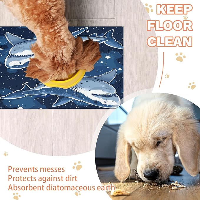 Sharks Dog Food Mat for Floors Absorbent Dog Bowl Mat for Food and Water Dispenser Quick Dry Cat Food Placemat Pet Supplies 17" x 30", Starry Star