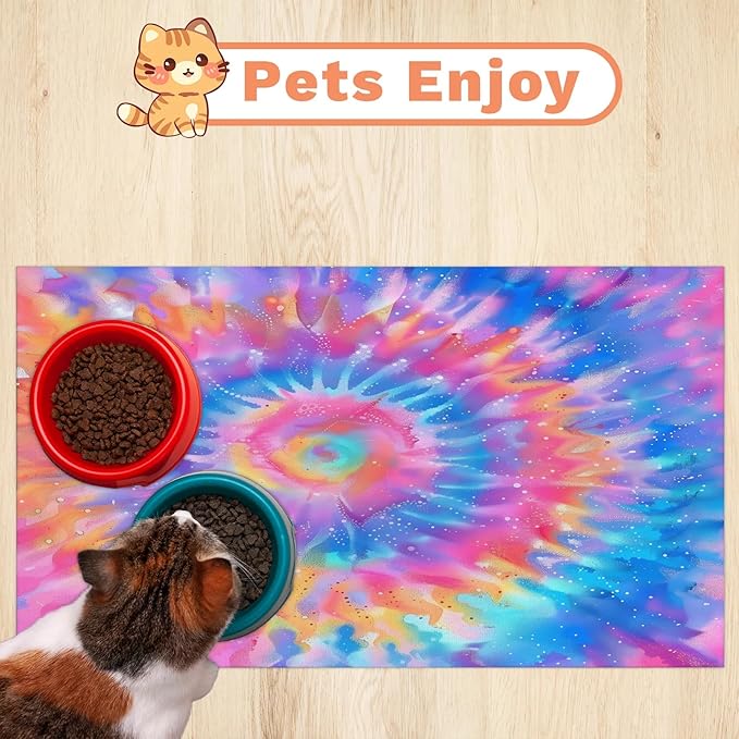 Tie Dye Dog Food Mat for Floors Absorbent, Quick Dry Water Dispenser Mat for Food, Water, Pet Supplies 16" x 24", Pink Purple
