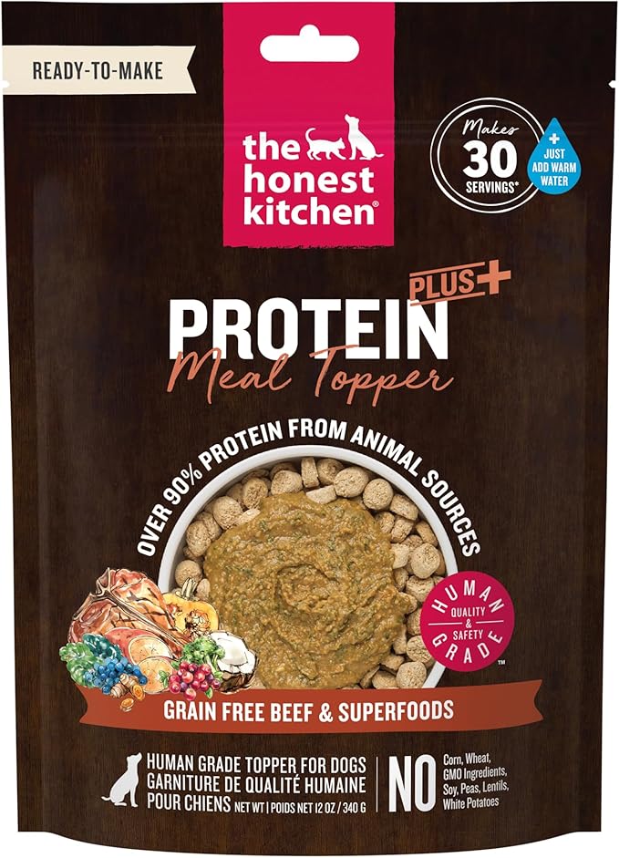 The Honest Kitchen Protein Plus+ Dehydrated Meal Topper: Grain Free Beef Superfoods, 12oz Pouch