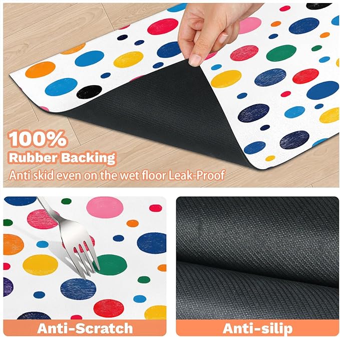 Polka Dot Dog Food Mat for Floors Absorbent Dog Bowl Mat for Food and Water Dispenser Quick Dry Cat Food Placemat Pet Supplies 17" x 30", Colorful Circle