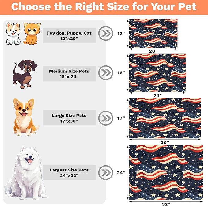 4th of July Dog Food Mat for Floors Absorbent Dog Bowl Mat for Food and Water Dispenser Quick Dry Cat Food Placemat Pet Supplies 12" x 20", Galaxy Star