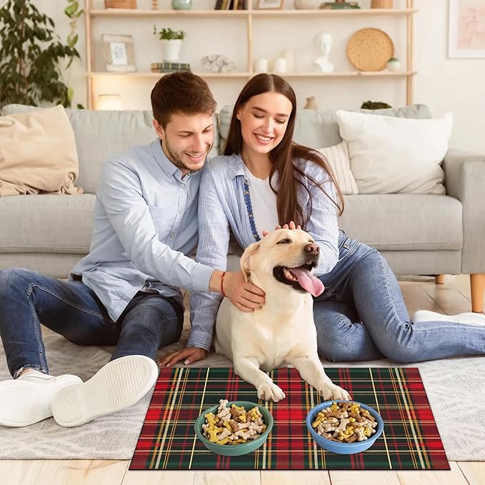 Buffalo Check Dog Food Mat for Floors Absorbent, Quick Dry Water Dispenser Mat for Food, Water, Pet Supplies 17" x 30", Farmhouse Plaid