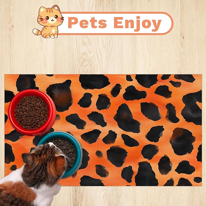 Leopard Print Dog Food Mat for Floors Absorbent Dog Bowl Mat for Food and Water Dispenser Quick Dry Cat Food Placemat Pet Supplies 24" x 32", Orange Wild Skin