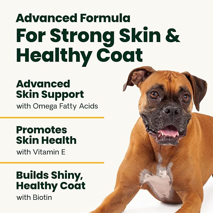 VetriScience Extra Strength Healthy Skin & Coat Chews, Omega Plus Supplement for Dogs, with Balanced Omega 3, 6, 9, Fish Oil and Biotin, Skin Health, Coat Growth and Shine, Duck, 40 Count