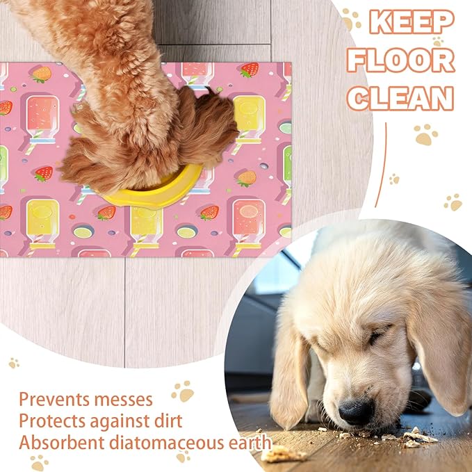 Lemon Juice Dog Food Mat for Floors Absorbent Dog Bowl Mat for Food and Water Dispenser Quick Dry Cat Food Placemat Pet Supplies 17" x 30", Strawberry Fruit