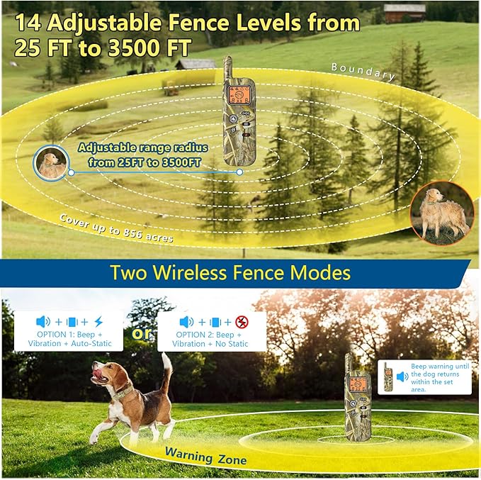 Wireless Dog Fence System for 2 Dogs with 2 Collars 856 Acre Electric Dog Fence Shock Mulit Dogs Training Collar with Remote Ultrasonic Portable Waterproof Outdoor Safe Pet Containment System