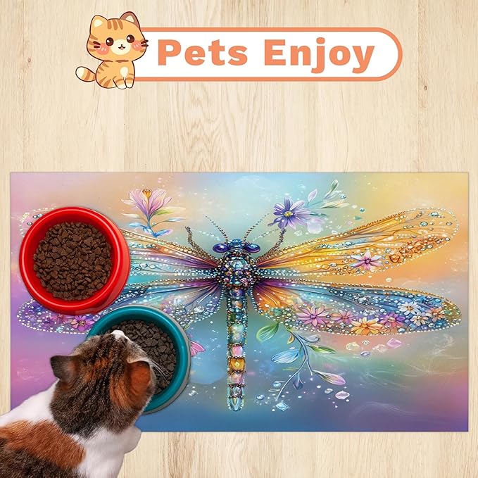 Dragonfly Dog Food Mat for Floors Absorbent, Quick Dry Water Dispenser Mat for Food, Water, Pet Supplies 17" x 30", Floral