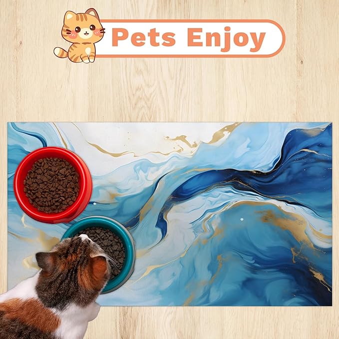 Blue Marble Dog Food Mat for Floors Absorbent, Quick Dry Water Dispenser Mat for Food, Water, Pet Supplies 24" x 32", Abstract