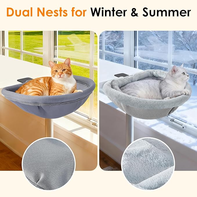 Cat Desk Bed with 2 Nests, One-Click Folding & Hanging Desk Cat Bed Attachment with Washable Winter & Summer Dual Nests, Cat Hammock Supports Large Cats up to 33lbs, Light Grey