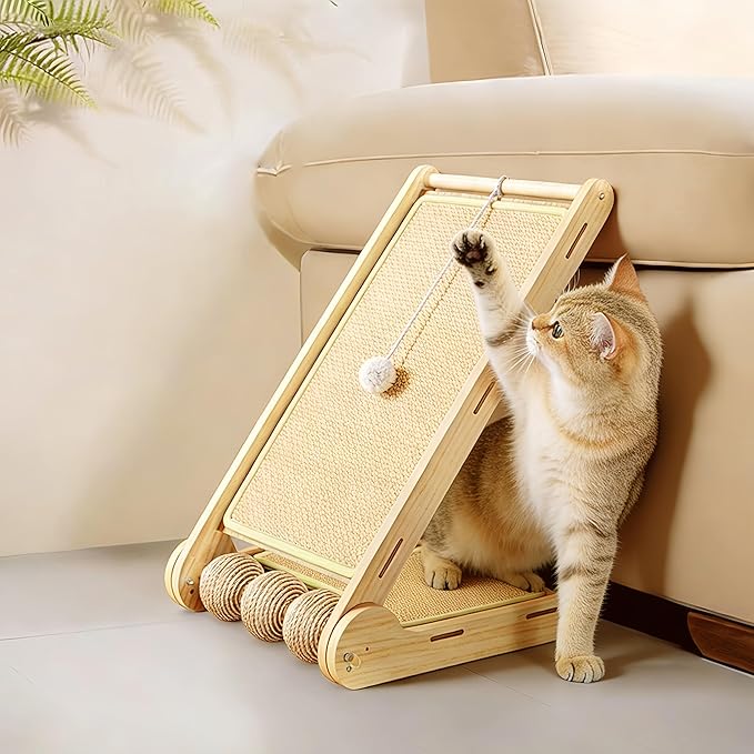 Sisal Cat Scratcher L Shaped for Indoor Cats,23.6in Cats Scratching Post Climbing Vertical Ramp Scratching Board for Wall,Natural Sisal Cat Scratch Pad,Solid Wooden Modern Cat Furniture