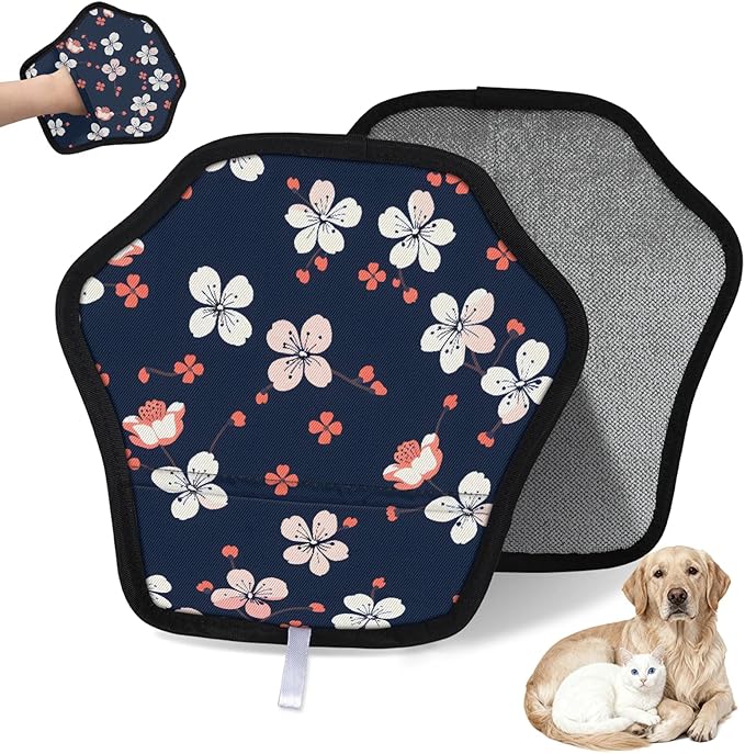 Flowers Printed Electrostatic Pet Hair Removal Glove for Cats & Dogs - Reusable Grooming Mitt for Couch, Carpet, Car Seat & Laundry - Large 9x9 Inch