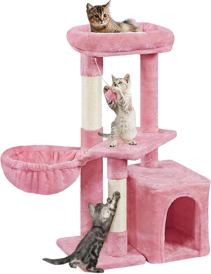 Yaheetech 34.5in Scratching Post, Cat Scratchers for Indoor Cats and Kittens, Multifunctional Activity Post w/Sisal Rope＆Dangling Ball＆Large Condo, Pink