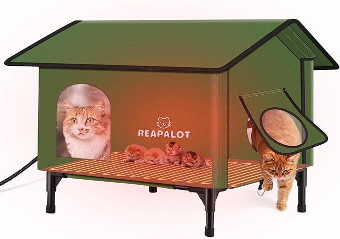 REAPALOT Heated Cat House for Outside Cat in Winter, Insulated Outdoor Feral Cat Shelter with Cat Heating Pad, Elevated Heated Kitty House for Multiple Cats (Green, L(24.4"x16.9"x24.4"))