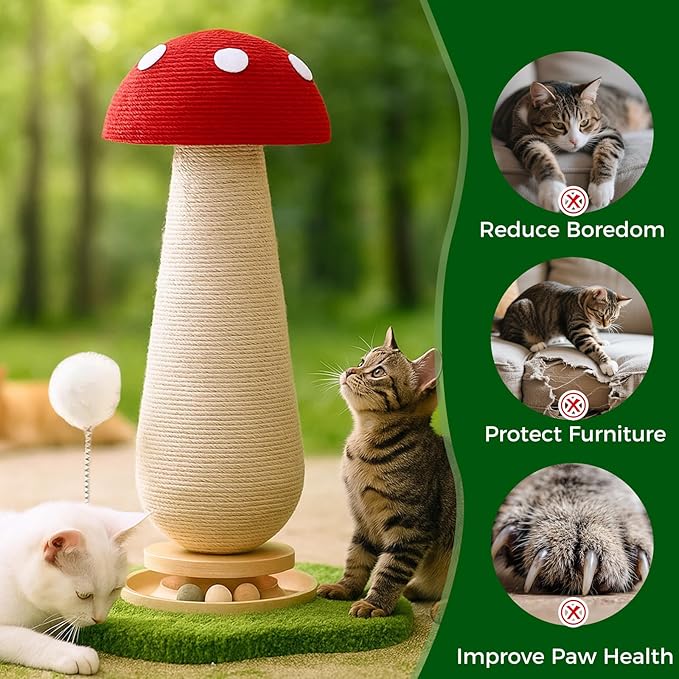 Sisal Mushroom Cat Scratchers Post Spring Ball Track,Scratcher for Indoor Adults Cats, Kitty Tree,Durable Toy,Kitten Tower with Durable Solid Wood,25.2''-Red