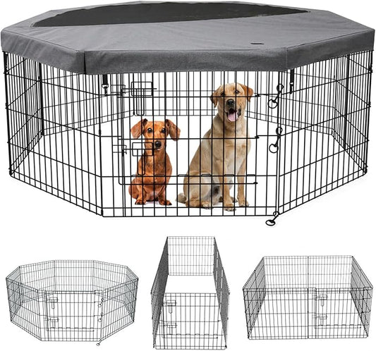 PETIME Foldable Metal Dog Exercise Pen/Pet Puppy Playpen Kennels Yard Fence Indoor/Outdoor 8 Panel 24" W x 24" H with Top Cover (with top Cover, 8 Panels 24" H)