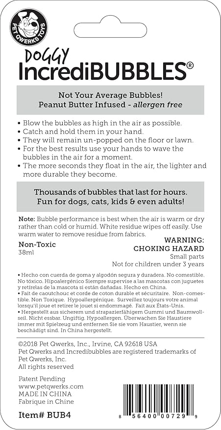 Pet Qwerks Incredibubbles Interactive Pet Toys - Long Lasting Edible Bubbles for Dogs & Cats - Peanut Butter Flavor - 38 ML, All Breed Sizes