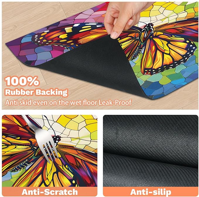 Rainbow Butterfly Dog Food Mat for Floors Absorbent, Quick Dry Water Dispenser Mat for Food, Water, Pet Supplies 12" x 20", Colorful Butterflies