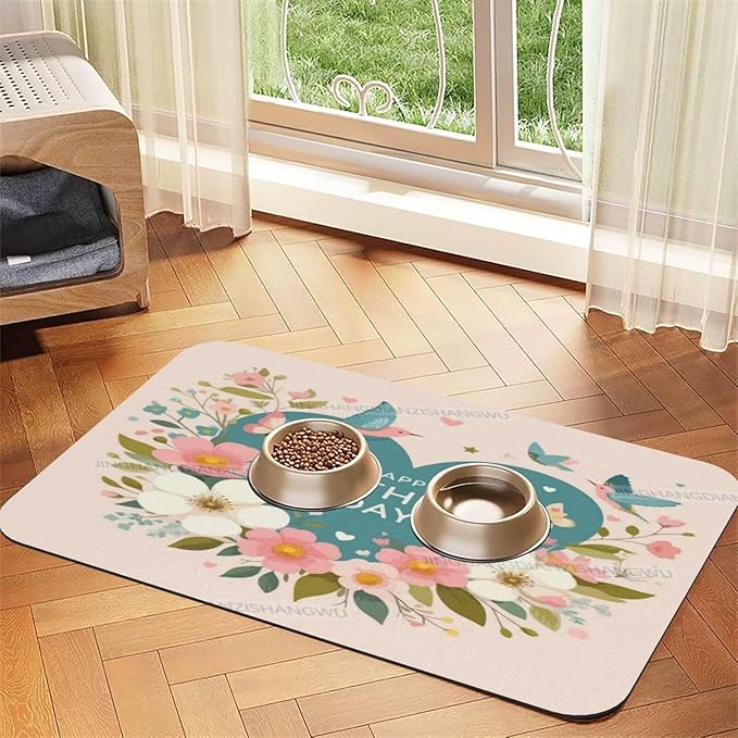 Pet Cat Dog Food Mat Absorbent Dog Feeding Mat Happy Mother's Day Floral Gift Mom Bird No Stains Cat Food Mats Indoor Pet Dogs Placemat Water Bowl Mats with Rubber Backing 24x16In