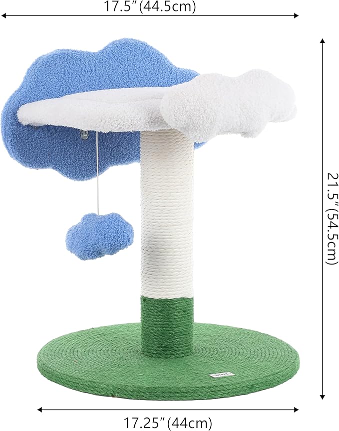 CTR1006A Sami 21.5" Modern Jute Cloud Cat Tree with Scratching Post, and Fuzzy Toy, White/Blue/Green