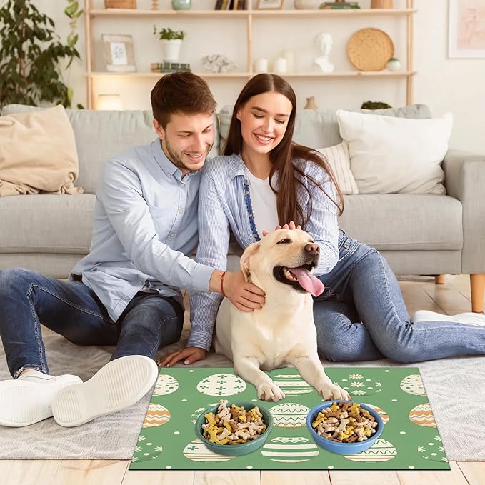 Easter Egg Dog Food Mat for Floors Absorbent Dog Bowl Mat for Food and Water Dispenser Quick Dry Cat Food Placemat Pet Supplies 17" x 30", Colorful Eggs